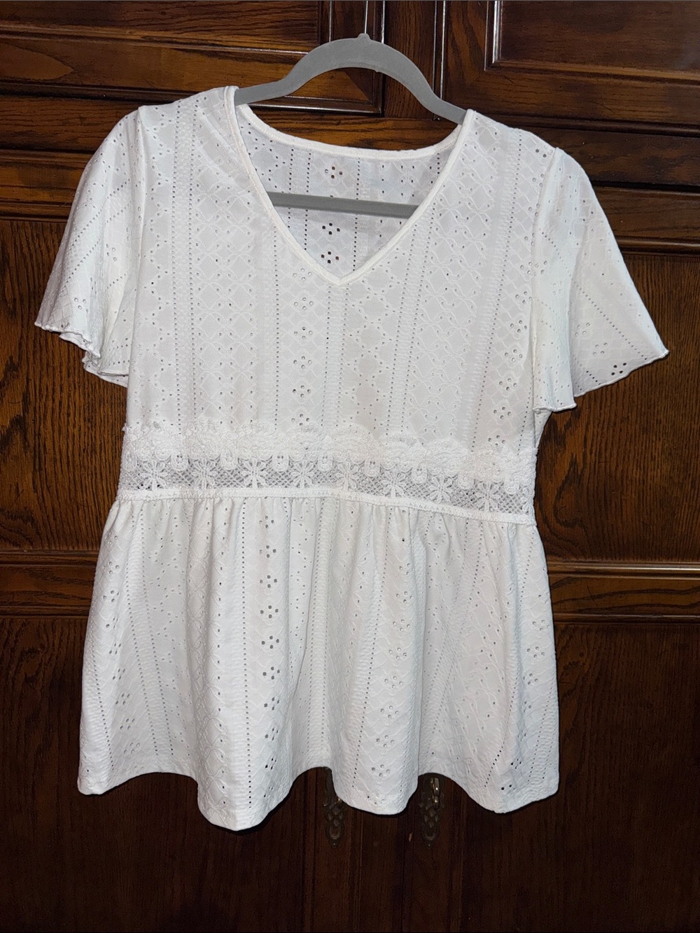 White Eyelet V-Neck Peplum Top - Classic Women's Summer Top
